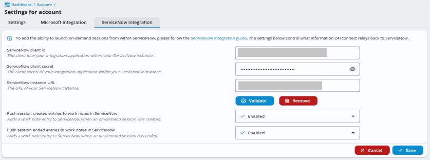 A screenshot of the “Settings for account” page showing the “ServiceNow integration” tab. The page displays fields for ServiceNow client ID, client secret, and instance URL, along with two drop-down options to enable or disable pushing session-created and session-ended entries to ServiceNow. Buttons for Cancel and Save appear at the bottom right.